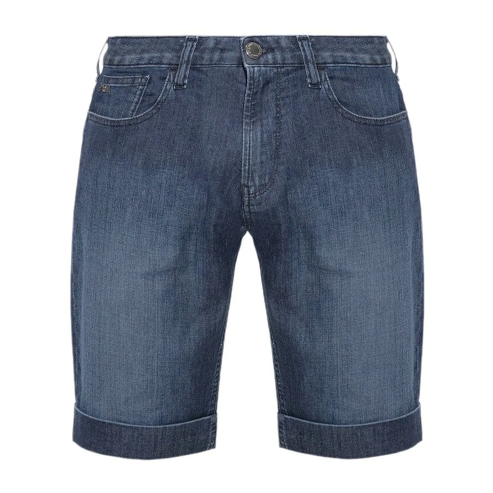 Emporio Armani Denim Bermuda Shorts met Leren Logo Blue Heren