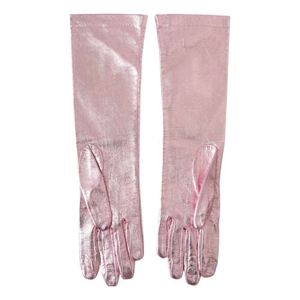 Dolce & Gabbana Metallic Leren Lange Handschoenen Roze Pink Dames