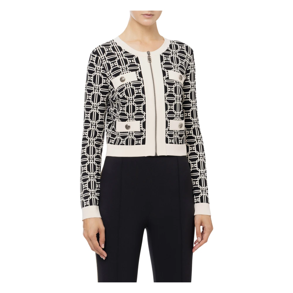 Elisabetta Franchi Logo Jacquard Cropped Cardigan med Dragkedja Black, Dam