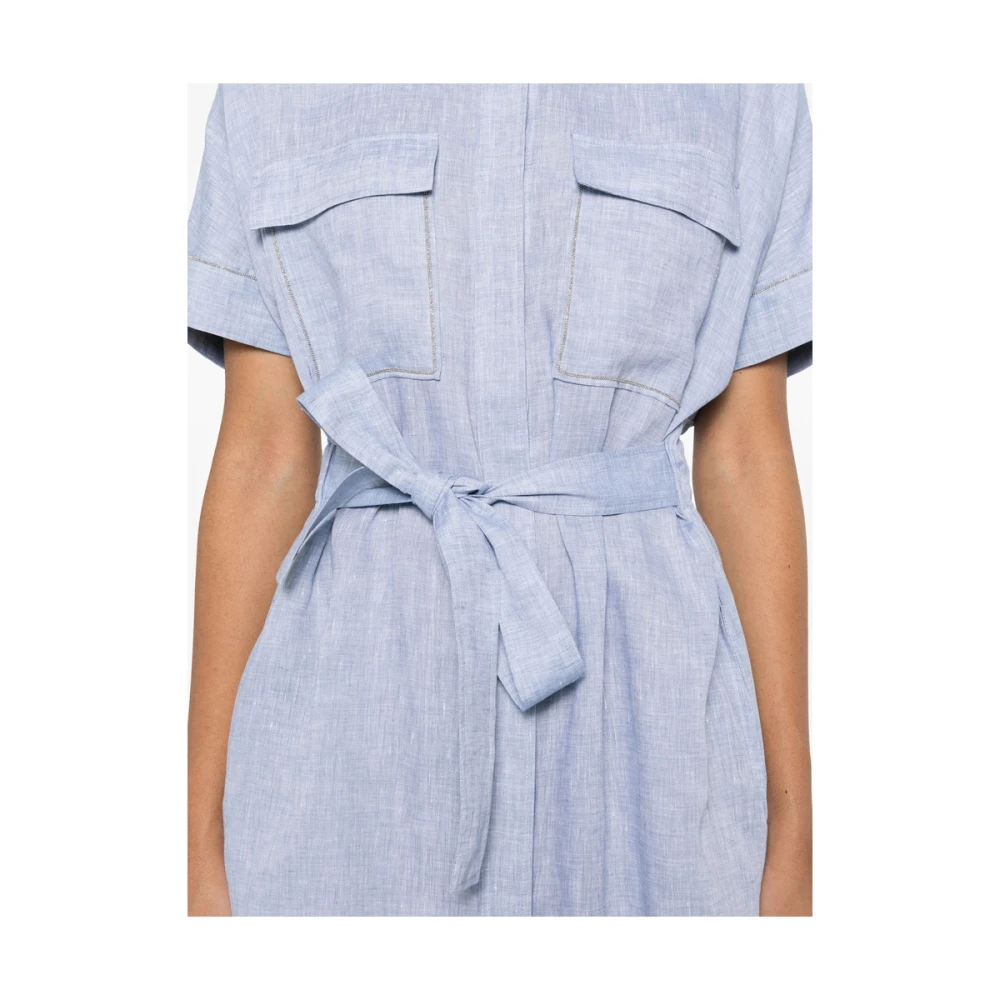 PESERICO Pastelblauwe Jurk met Knoopsluiting en Elastische Tailleband Blue Dames