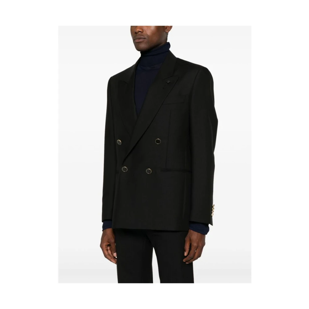 Lardini Zwarte Wollen Blend Jas Peak Revers Black Heren