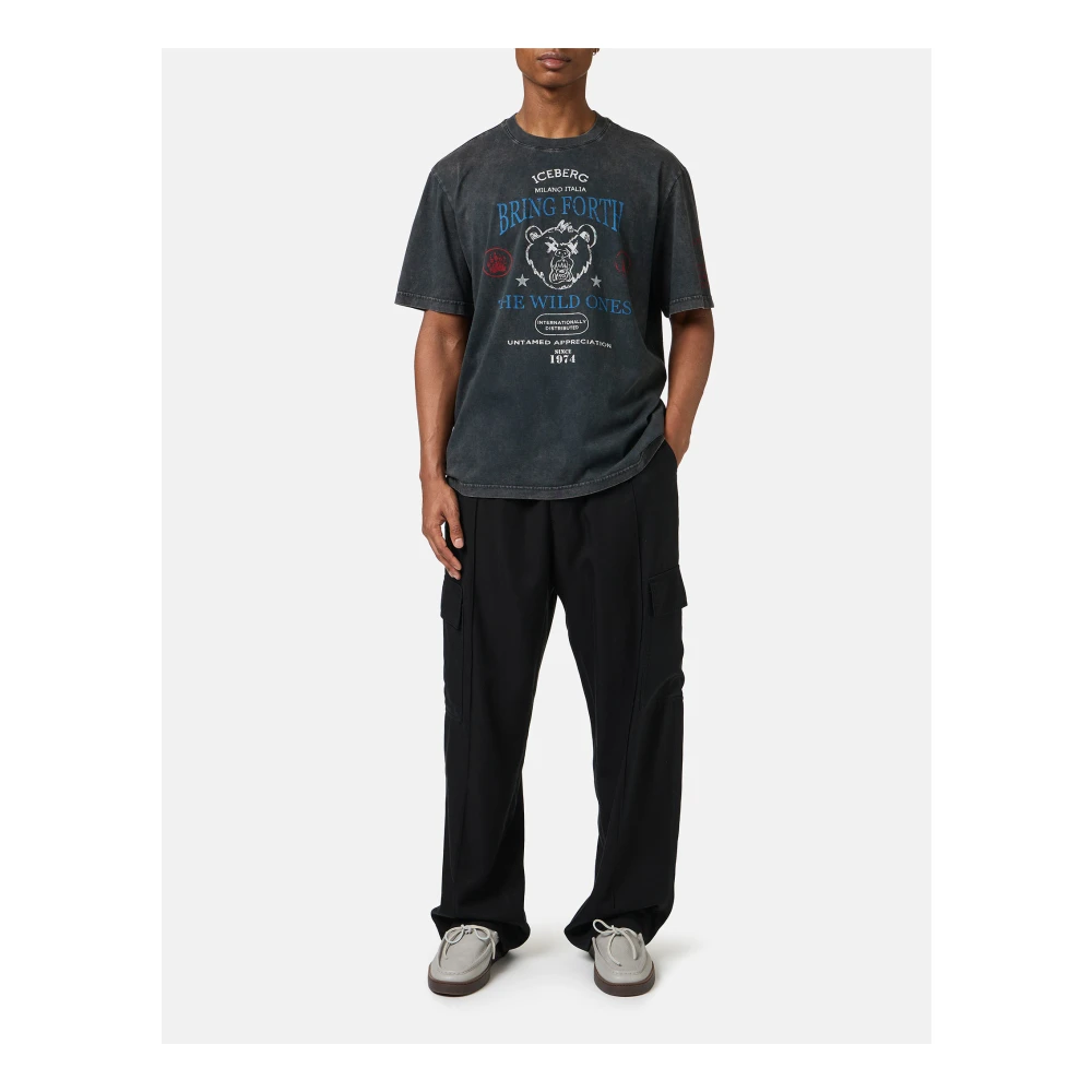 Iceberg Regular-fit Zwarte T-shirt in willekeurig gewassen geverfde katoen met maxi Bear print Black Heren