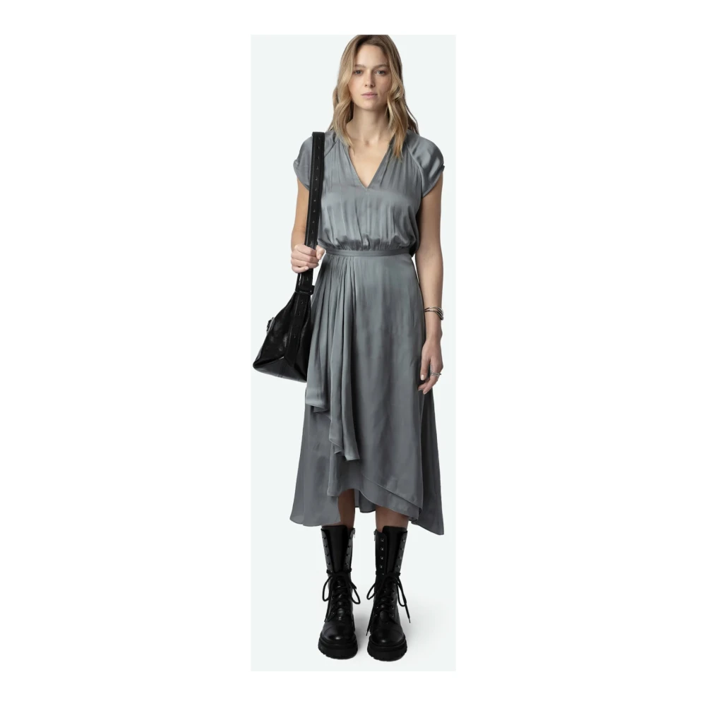 Zadig & Voltaire Satin Grijze Midi Jurk met Ruches Gray Dames