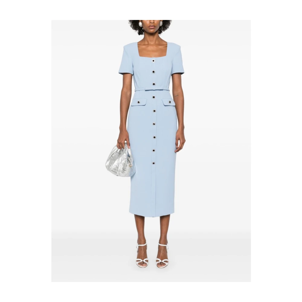 Self Portrait Blauwe Crepe Jurk met Knopen en Riem Blue Dames