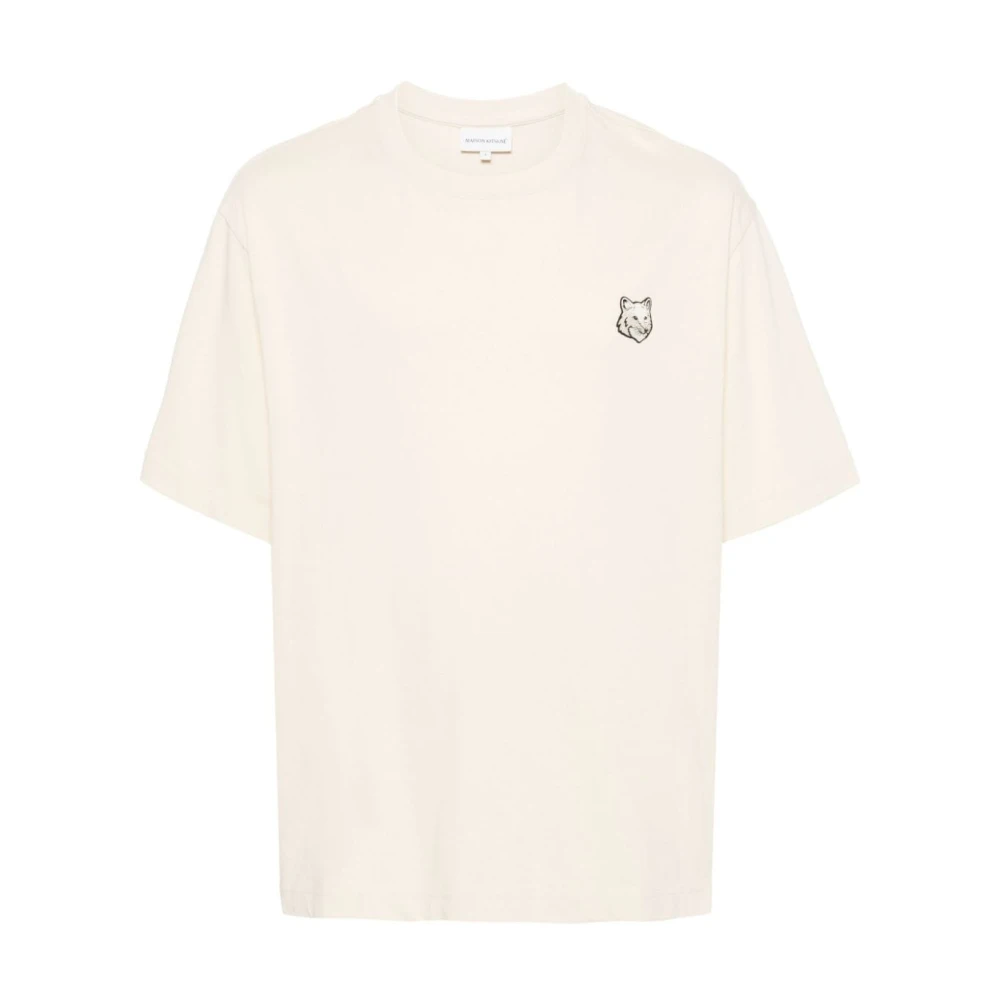 Maison Kitsuné Witte Katoenen T-shirt met Geborduurd Embleem Beige Heren