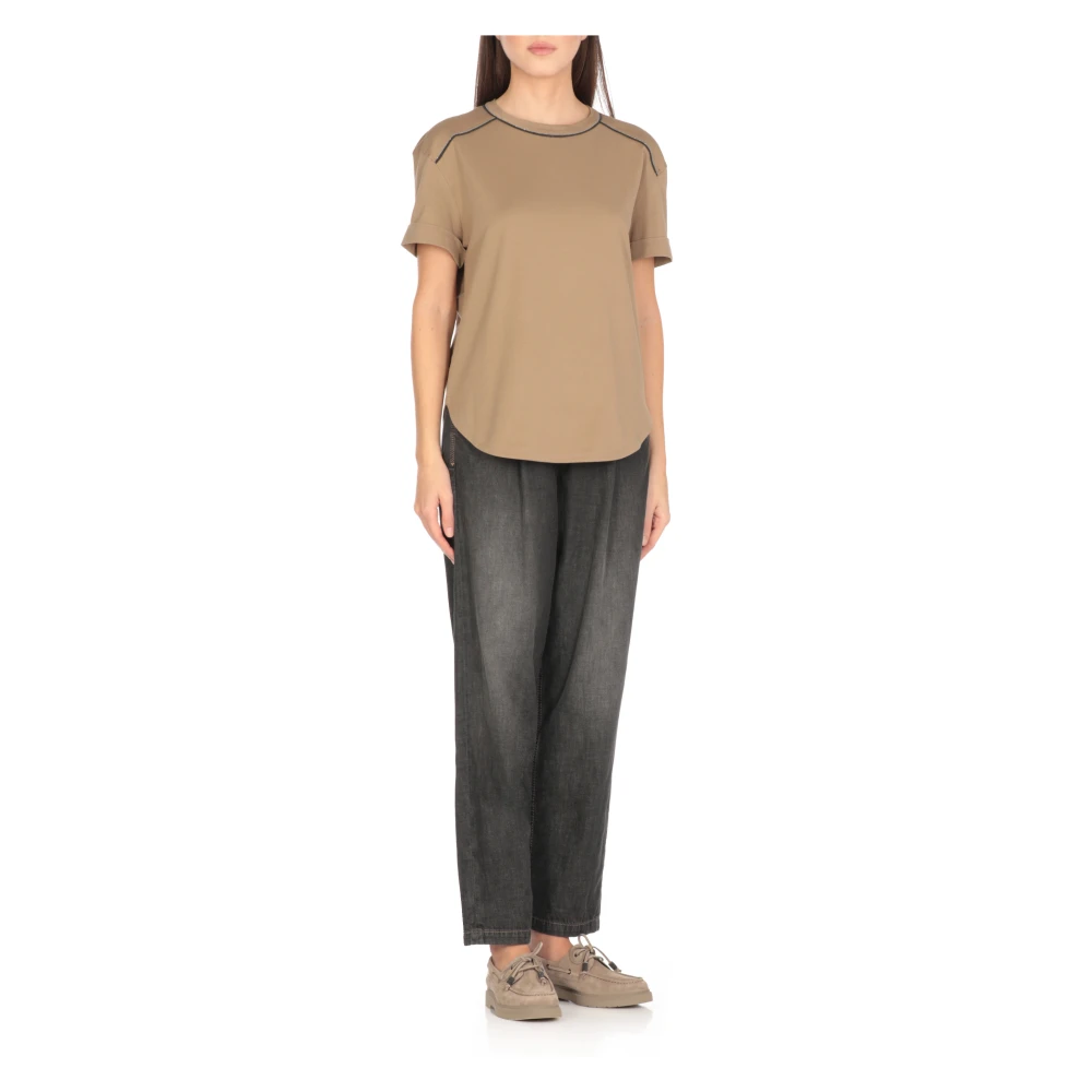 BRUNELLO CUCINELLI Beige Katoenen T-shirt met Messing Details Beige Dames