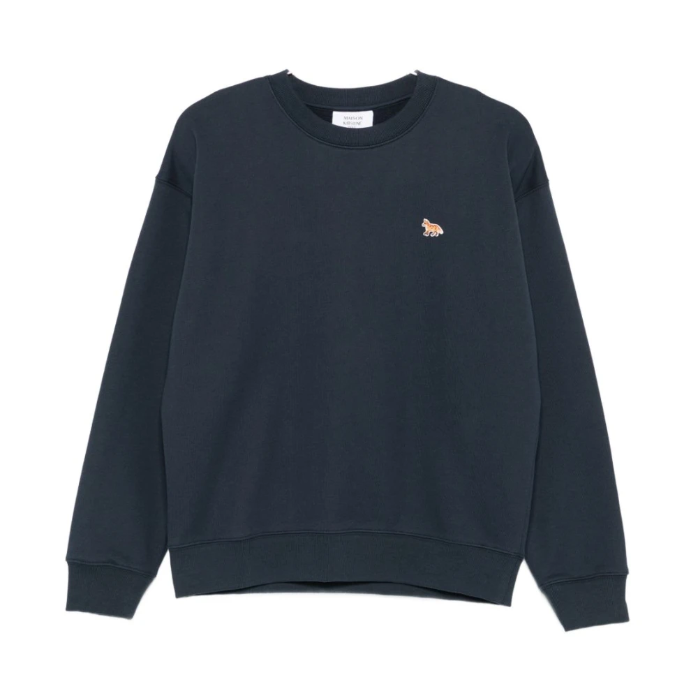 Maison Kitsuné Women's Blue Sweatshirts, L, Fox Detail Crew Neck Jumper