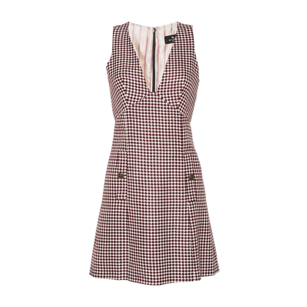 ETRO Houndstooth V-Hals Jurk met Metalen Knopen Red Dames