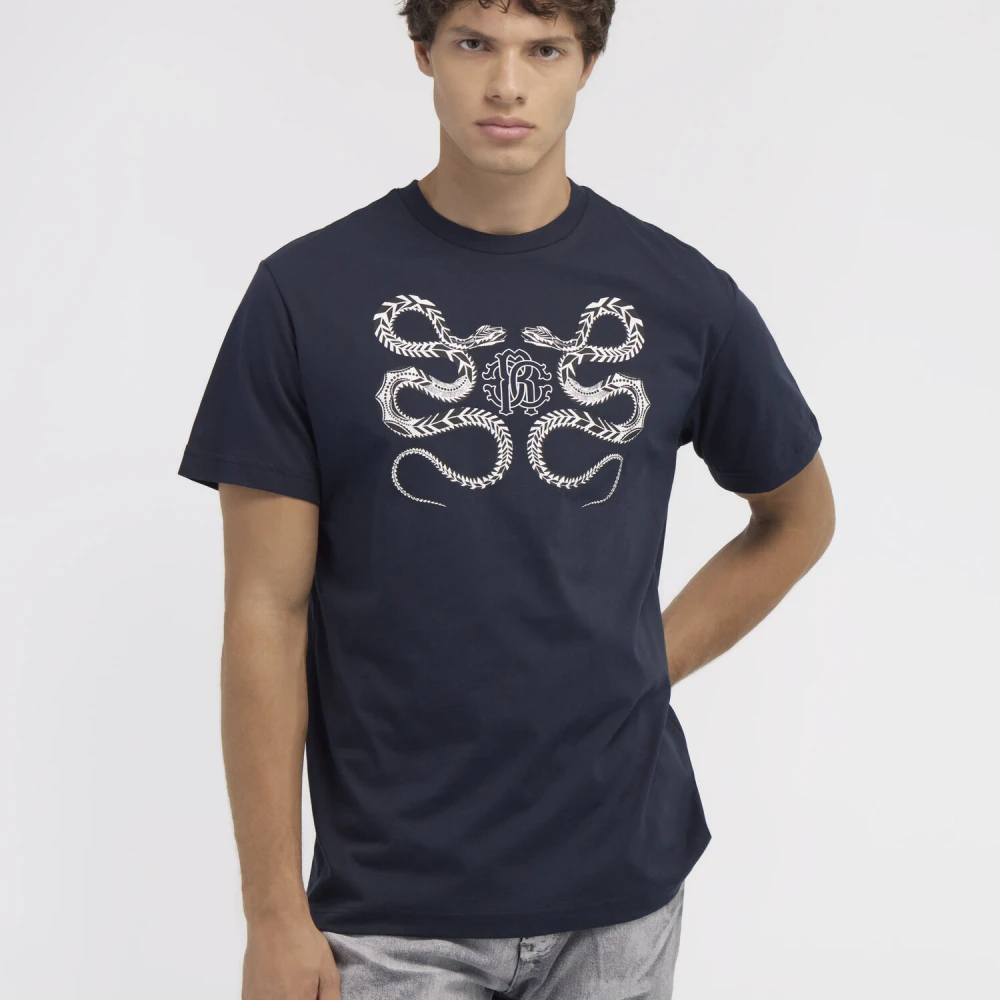 Roberto Cavalli T-shirt met slangenprint Blue Heren