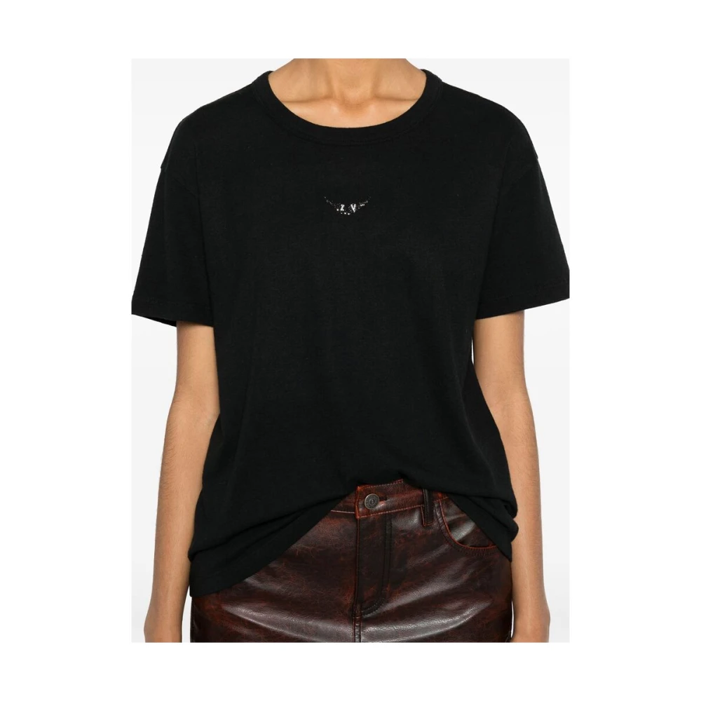 Zadig & Voltaire T-shirt met kristalversierde vleugels Black Dames