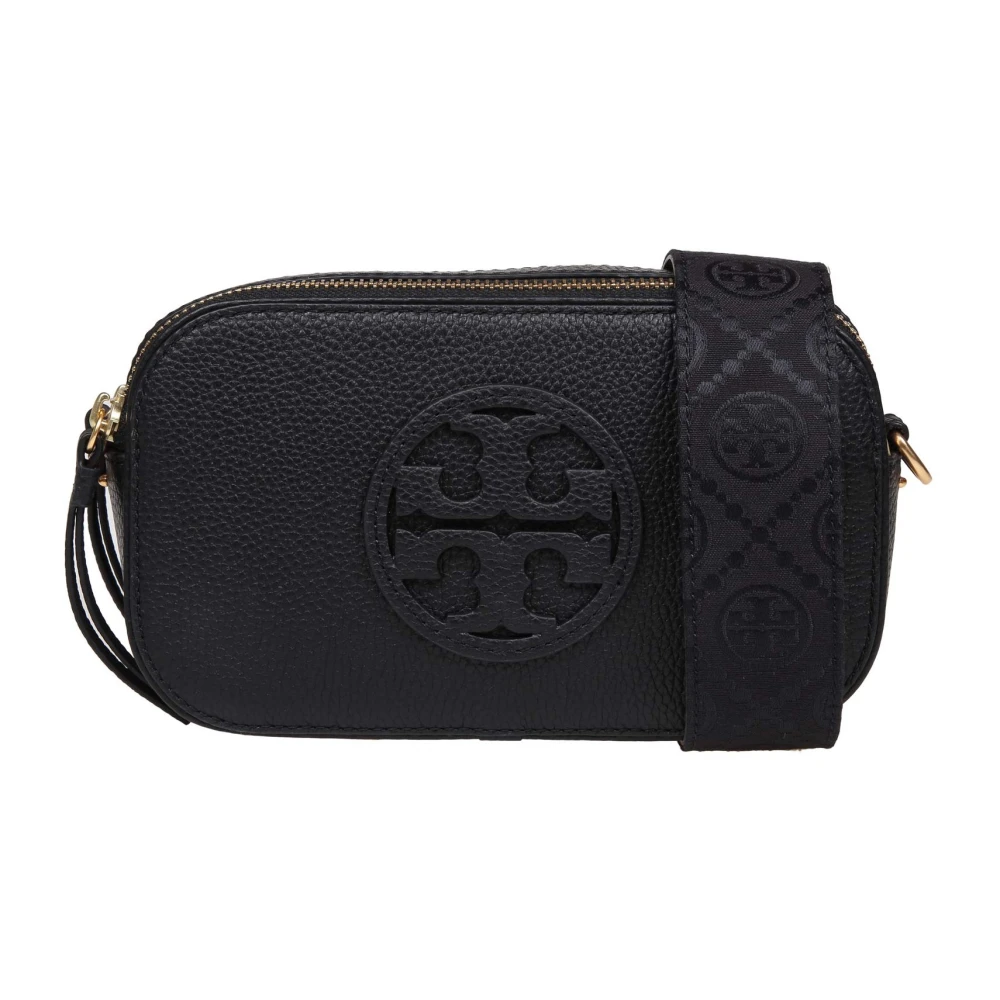 TORY BURCH Zwarte Leren Schoudertas met Dubbel T Logo Black Dames