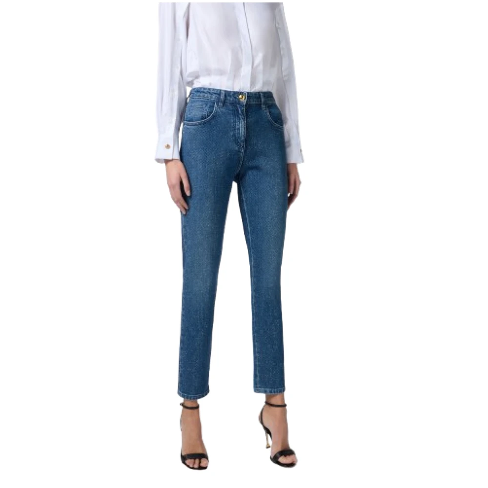 Elisabetta Franchi Sprankelende Paillet Denim Slim Fit Broek Blue Dames