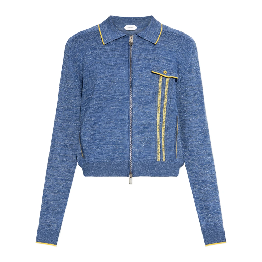 Versace Herr Blå Stickade Tröjor L, Bomull, Mouliné Jacquard Knit Zip Sweater