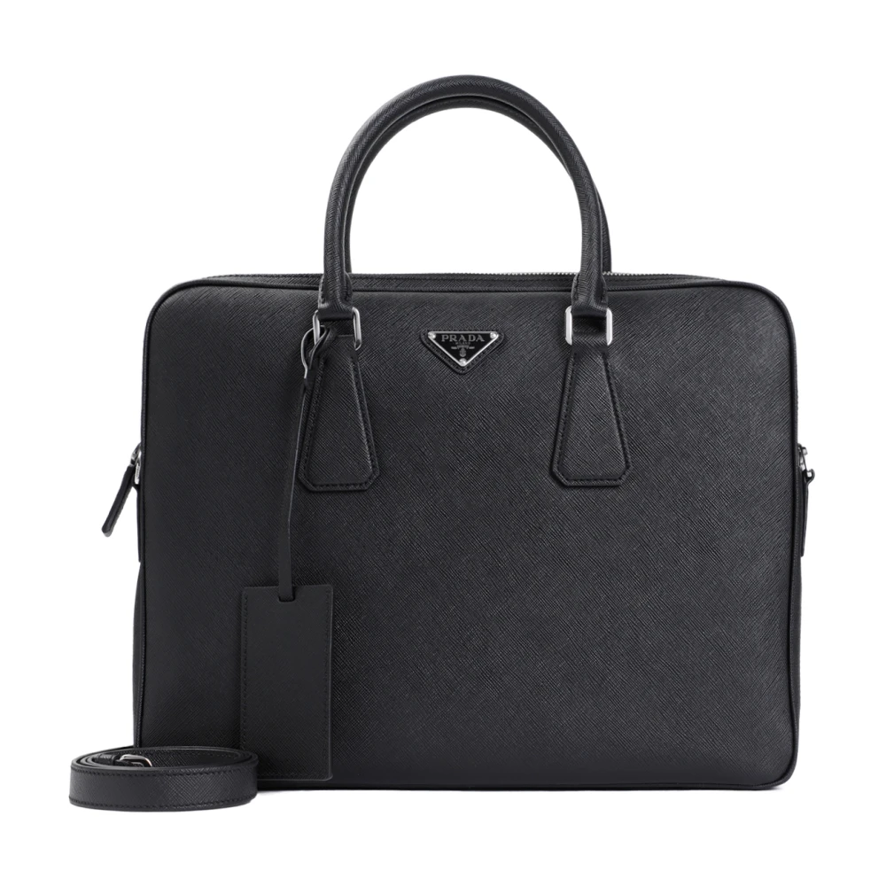 Prada Luxe Zwarte Leren Aktetas Black Heren