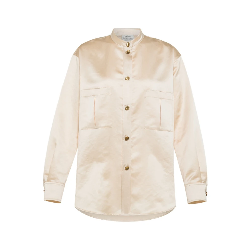 Forte Satijnen Blouse Ivoor Lange Mouw Beige Dames