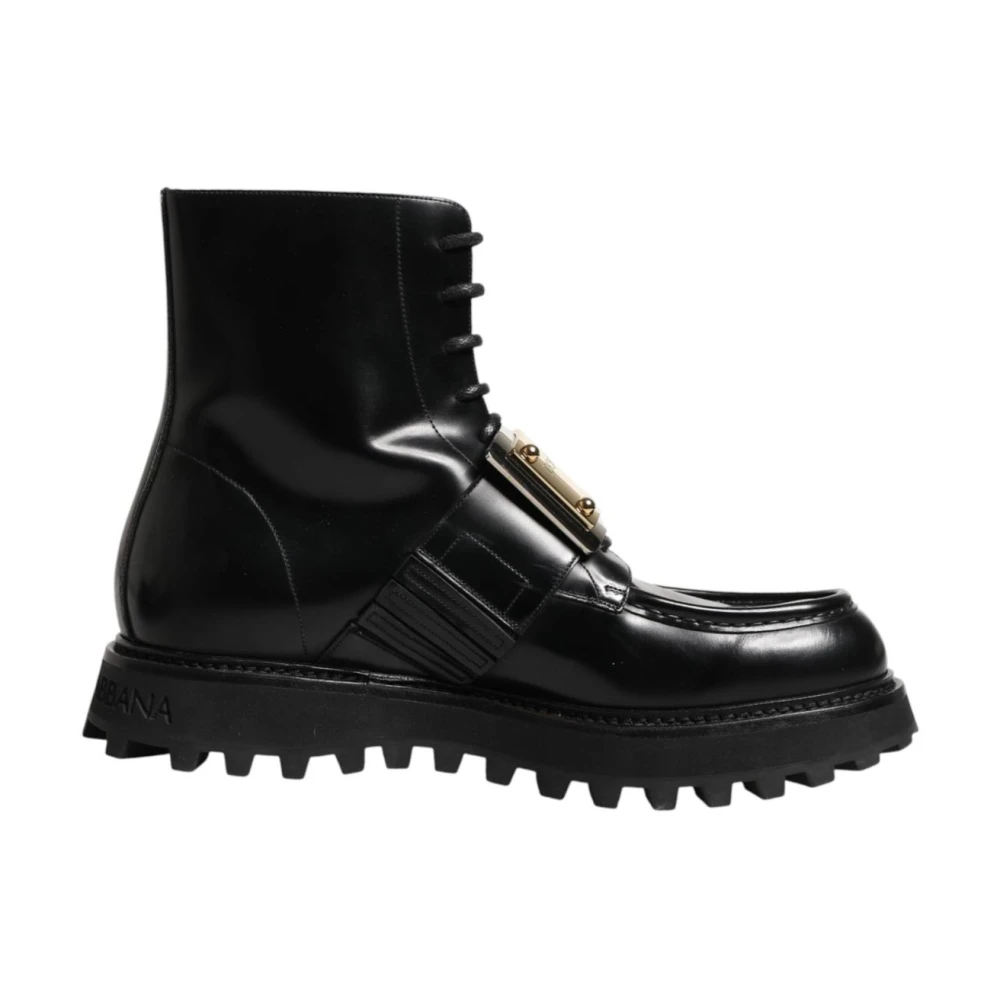 Dolce & Gabbana Herren Schwarz Leather Plaque Lace Up Boots