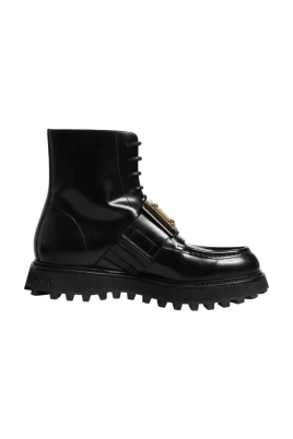 Leather Plaque Lace Up Boots