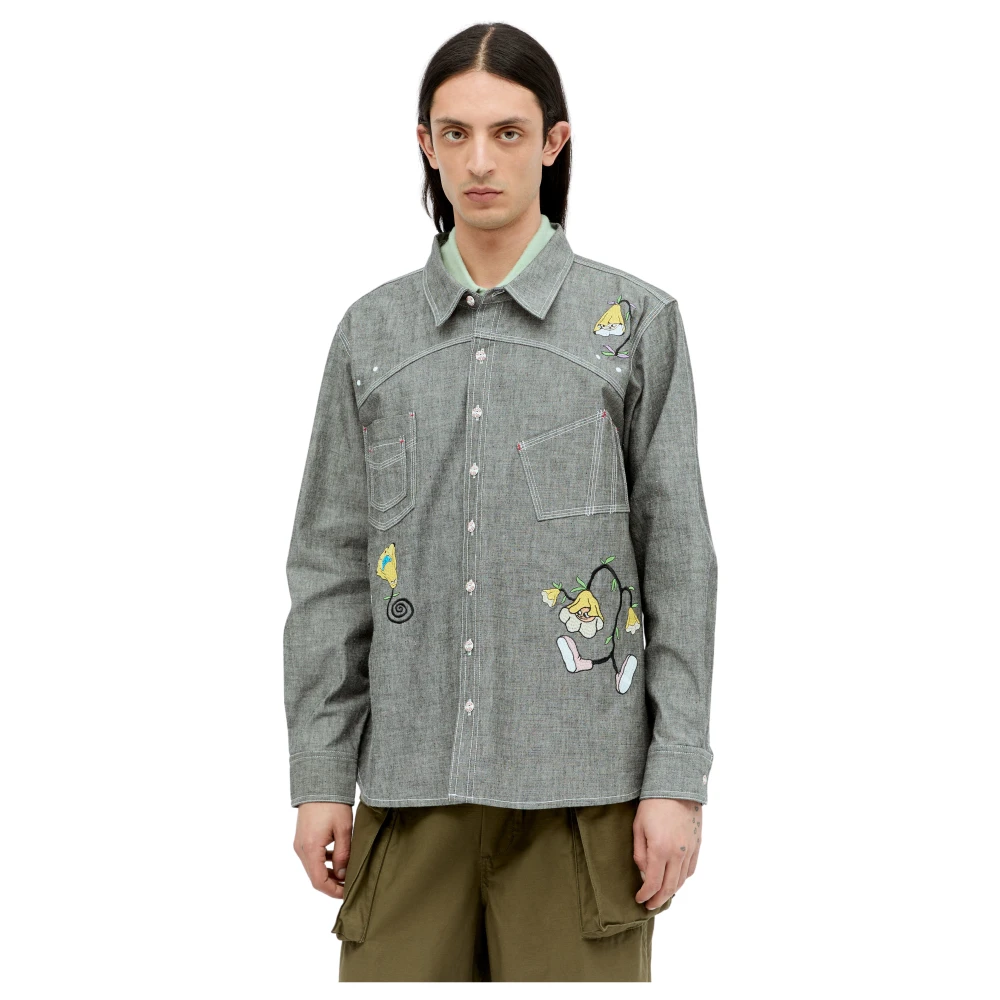 Brain Dead Gray Casual Shirts, Male, M, Embroidered Chambray Shirt