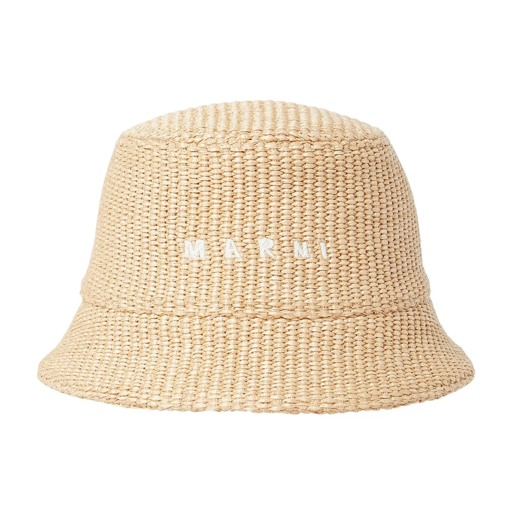 Marni Raffia Bucket Hat met Logo Borduursel Beige Dames