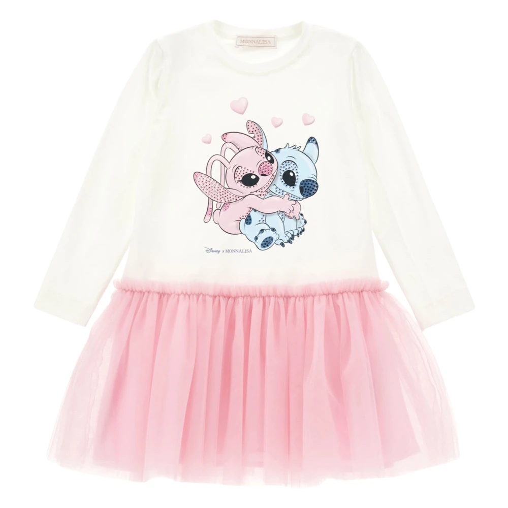 Monnalisa Girls Multicolor Stitch & Angel Skater Dress Ivory
