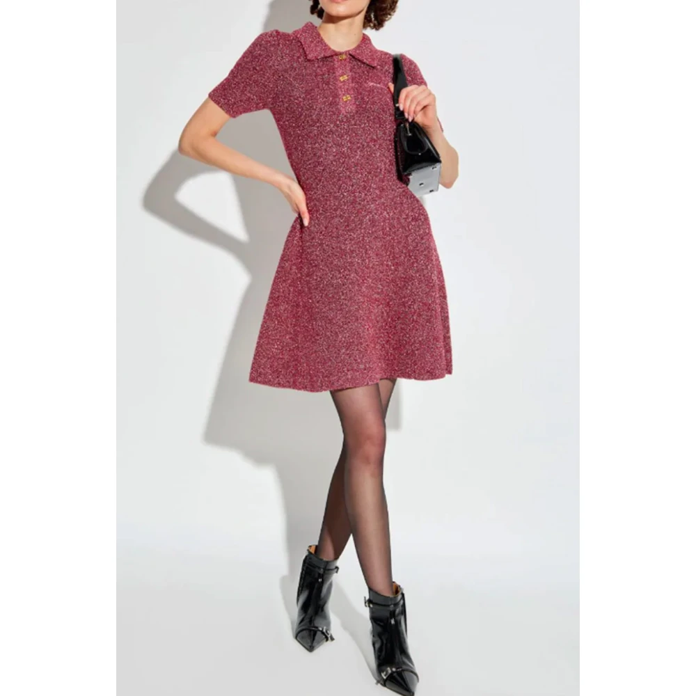 Ganni Roze Gebreide Metallic Jurk met Polokraag Pink Dames
