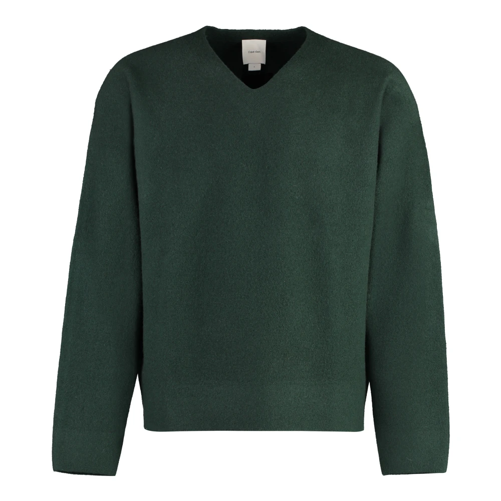 Calvin Klein Geribbelde Wol V-hals Trui Green Heren
