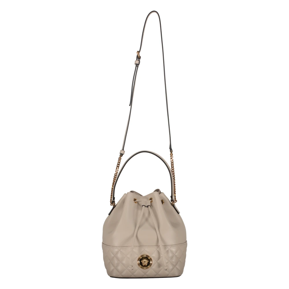 Versace Leren Bucket Bag met Trekkoordsluiting Beige Dames