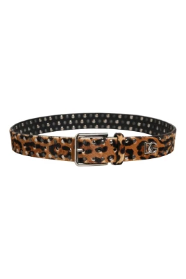 Leopard Calf Hair Studs Metal Buckle Belt