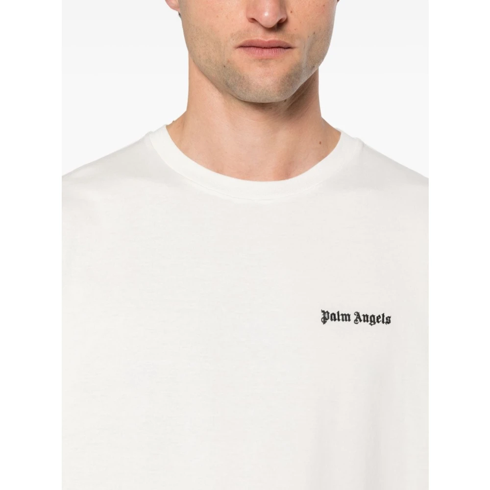 Palm Angels Wit Logo Print Crew Neck T-shirt White Heren