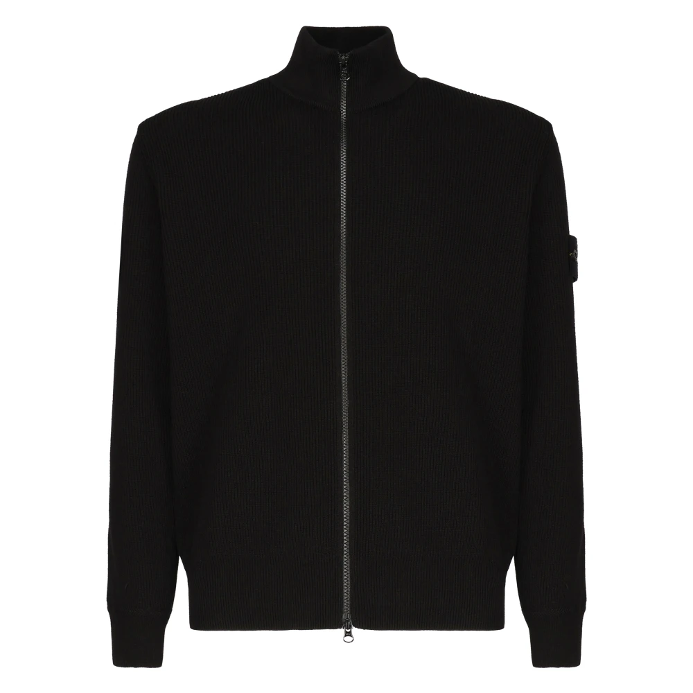 Stone Island Zwarte Geribbelde Hoge Hals Trui Black Heren