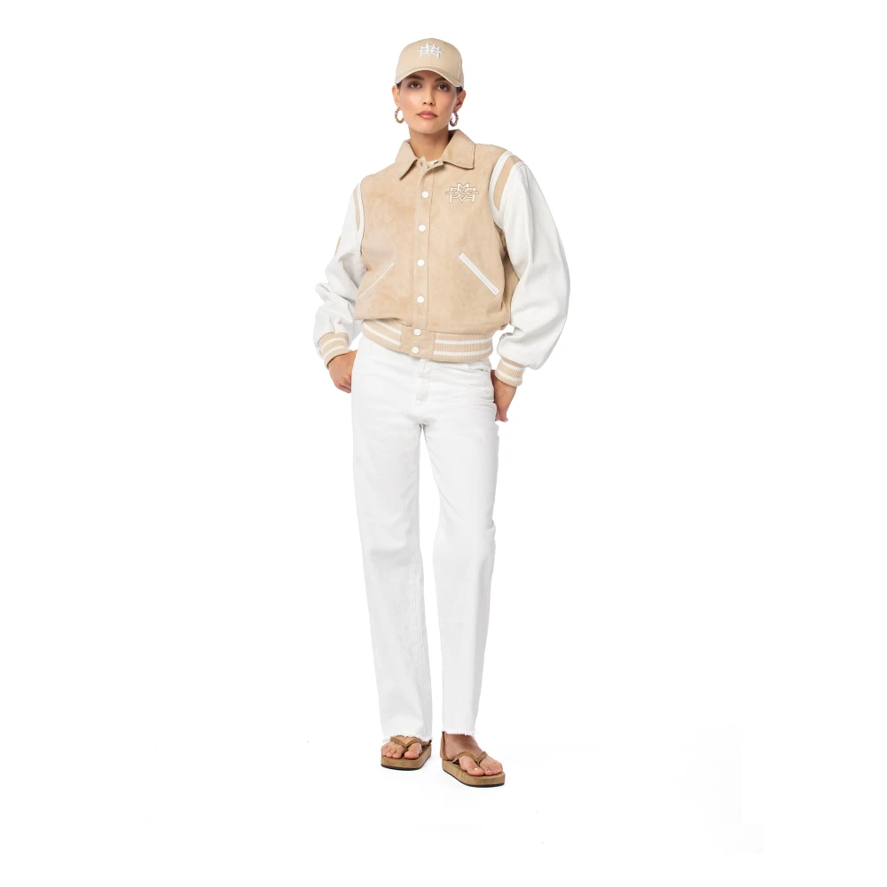 MVP wardrobe Suède Leren Bomberjack met Patchwork Logo Beige Dames