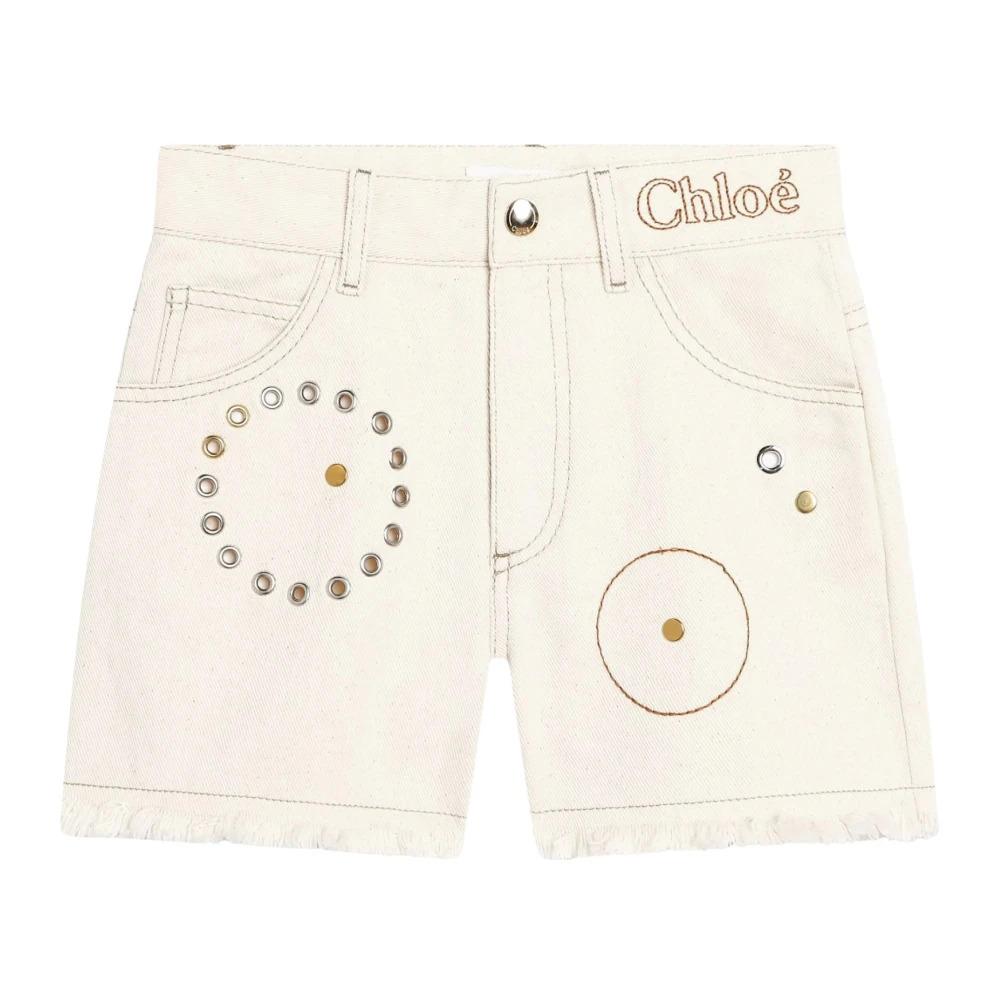 Chloé Kräm Studded Barn Denim Shorts Beige, Flicka