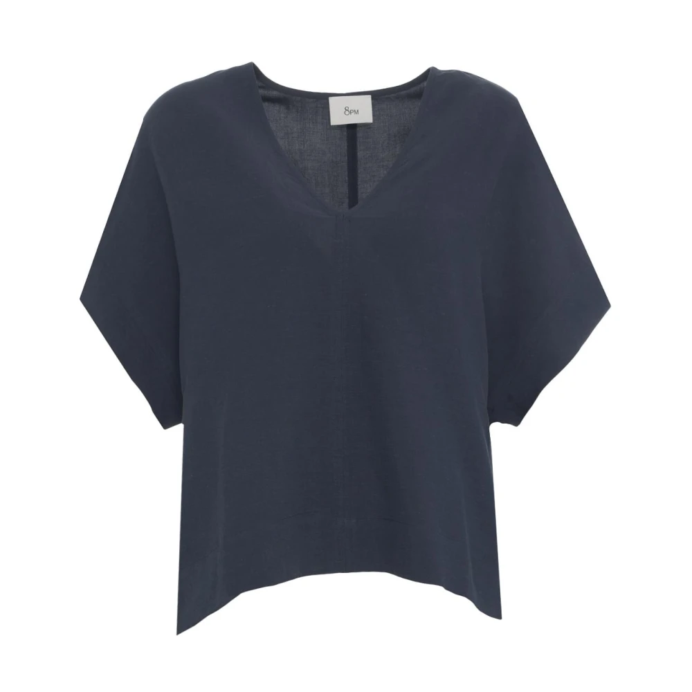 8PM Blå Linneblandning V-Ringad T-Shirt Blue, Dam