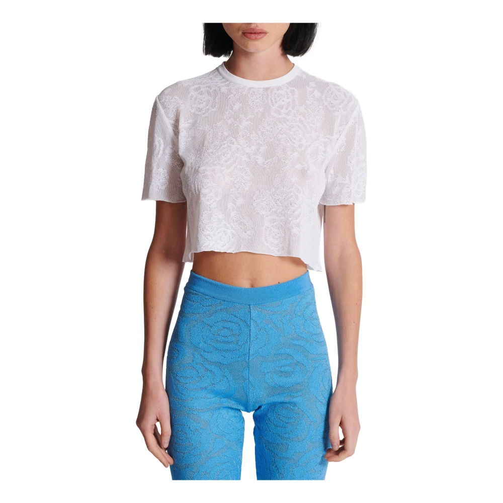 Balmain Korte Kantentop met Bloemenpatroon White Dames
