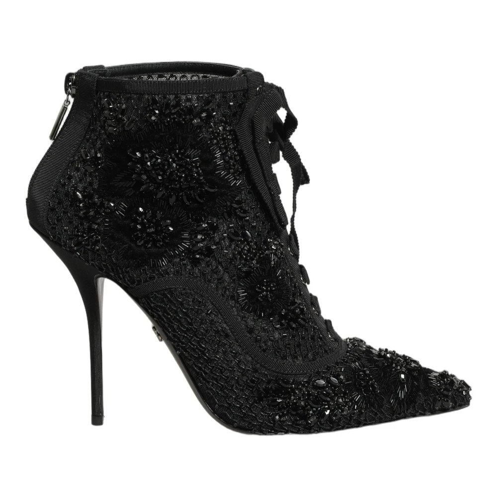 Dolce & Gabbana Women's Black Heeled Boots, 5 Uk, Embellished Mesh Ankle Boots
