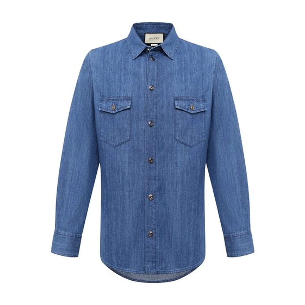 Gucci Katoenen Denim Overhemd met Logo Patch Blue Heren