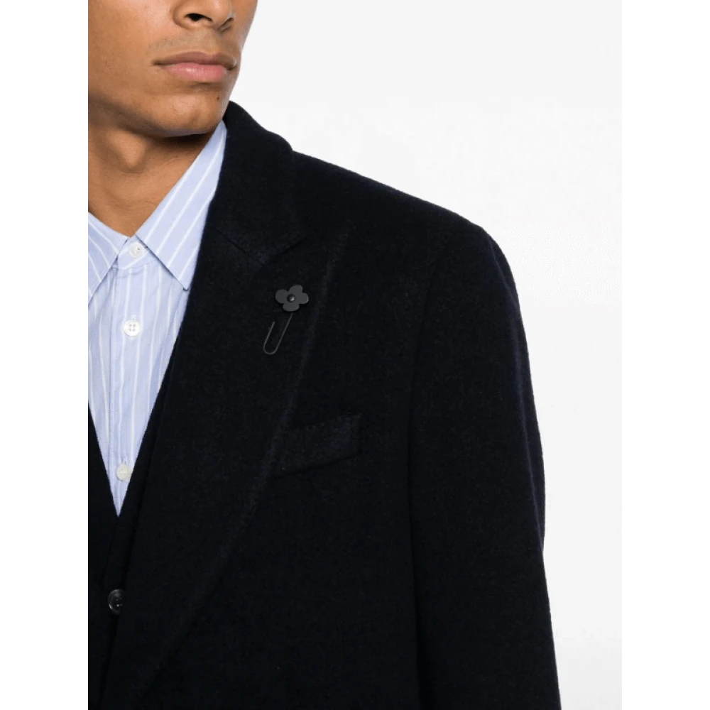 Lardini Middernacht Blauwe Wolmix Jas met Broche Detail Blue Heren