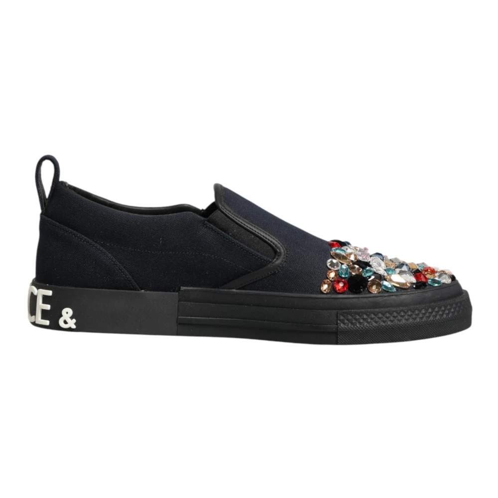 Dolce & Gabbana Men's Blue Sneakers, 10 Uk, Canvas Embellished Slip On Trainers Shoes