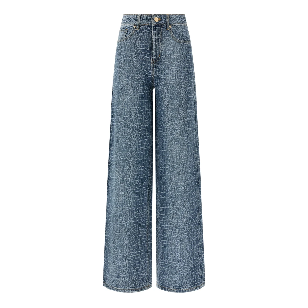 Self Portrait Blue Rhinestone Croc Effect Wide Leg Jeans - Female - Wide Jeans - W28 - Jeans