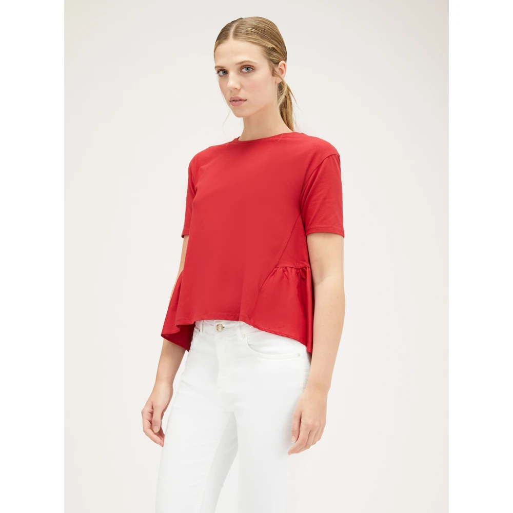 Motivi Katoenen T-shirt met Gaze Ruche Red Dames