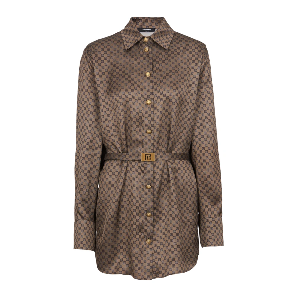 Balmain Brown Silk Shirt With A Mini Monogram Print - Female - Tunics - S - Blouses & Shirts