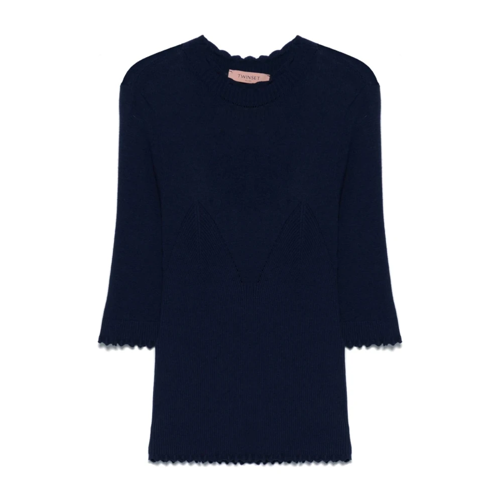 Twinset Blauwe Geribbelde Trui Mock Neck Stijl Blue Dames