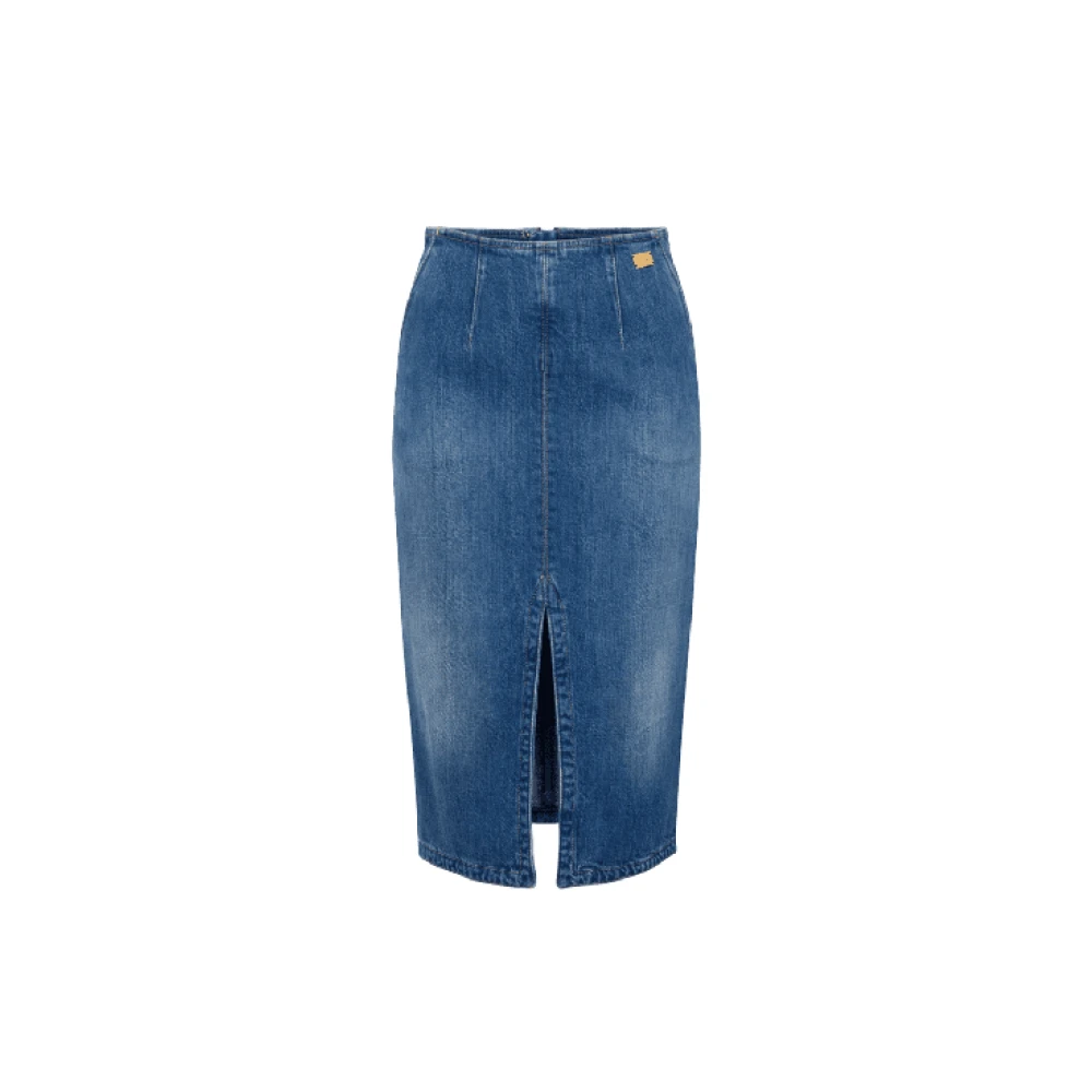 Elisabetta Franchi Denim kokerrok met split Blue Dames