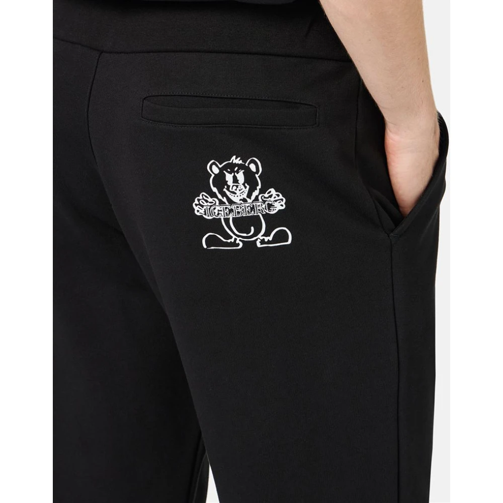Iceberg Zwarte jogger regular fit broek van fleece met berenprint Black Heren