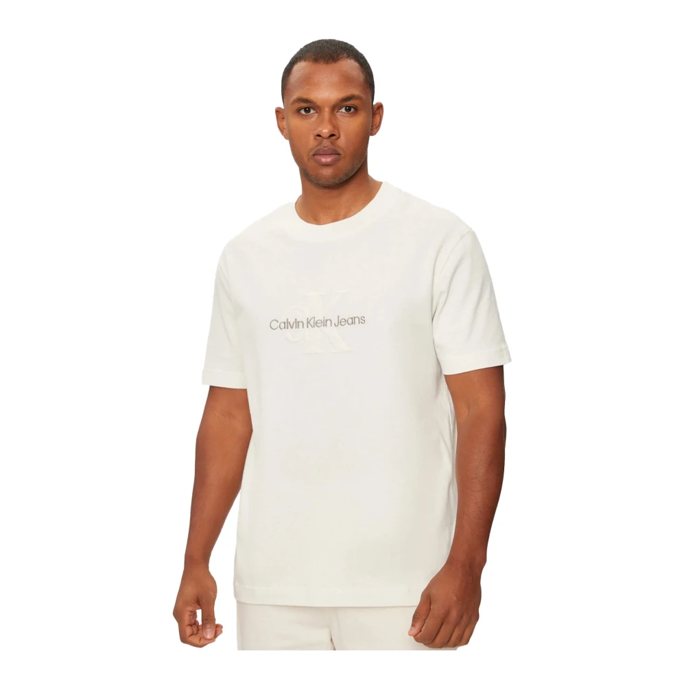Calvin Klein Logo Katoenen T-shirt Beige Ronde Hals Korte Mouw White Heren