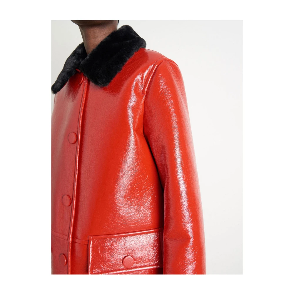 Stand Studio Glanzende Rode Patentjas met Nepbont Kraag Red Dames