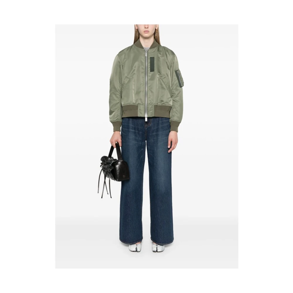 Sacai Khaki Geribbelde Kraag Jas Green Dames