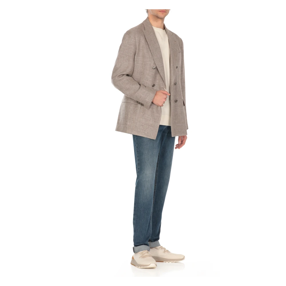 BRUNELLO CUCINELLI Dubbelbreasted Linnen en Wol Jas Brown Heren