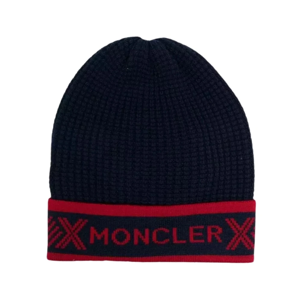 Moncler Barn Navy Beanie med Rött Logo Blue, Pojke