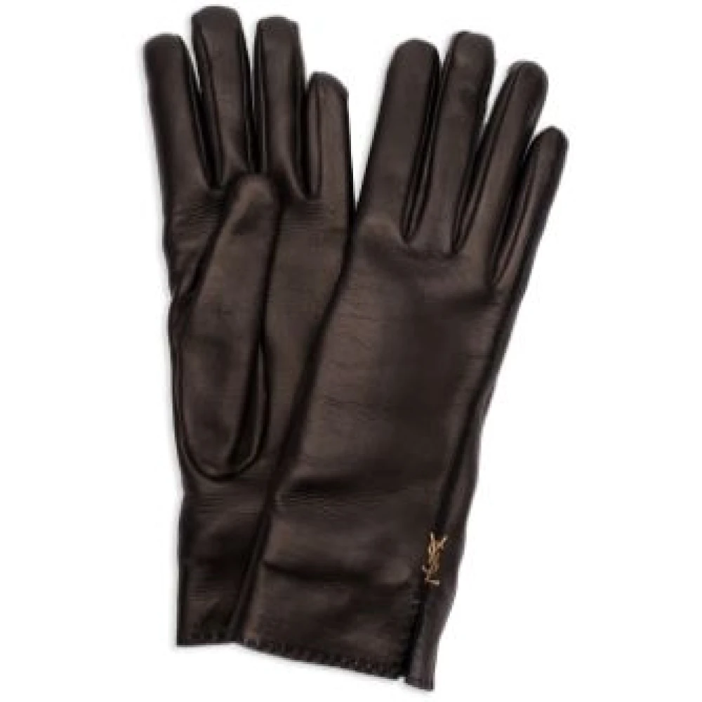 Saint Laurent Gladde leren handschoenen met klein gouden logo Black Dames